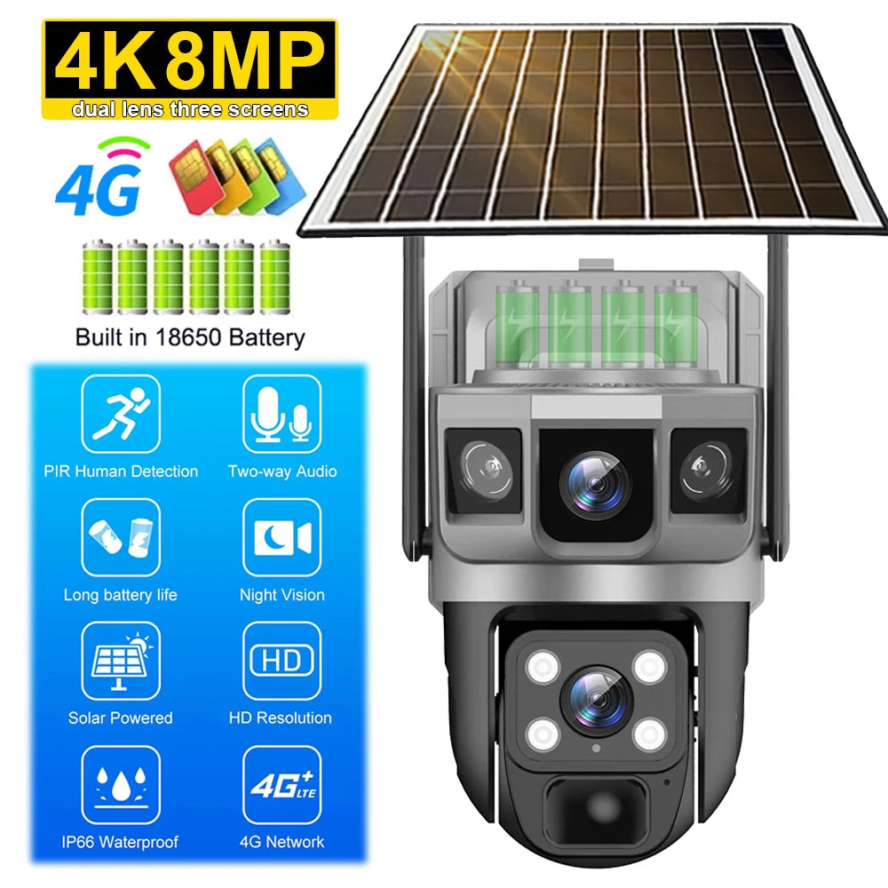 V380 Pro Solar Camera 4G Sim Outdoor Dual Lens Three Screens Webcam PIR Human Detect CCTV Security Video Battery PTZ IP Camara