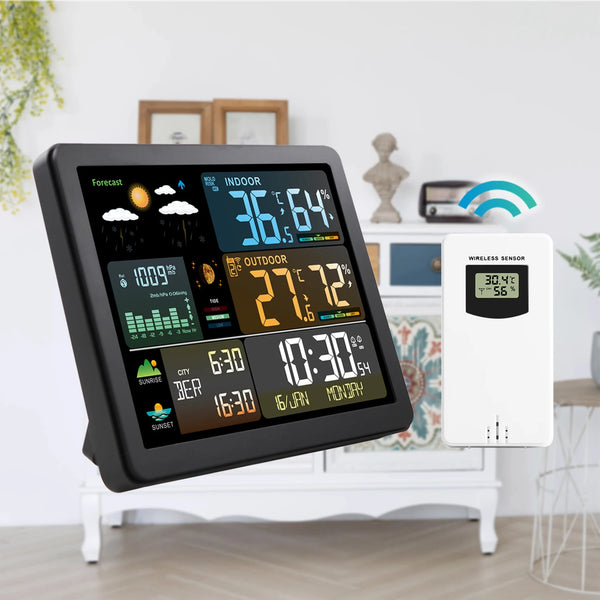Estación meteorológica inteligente FJ3566M con medidor de temperatura y humedad para interiores y exteriores, reloj meteorológico, indicador de temperatura y humedad y 1 sensor.