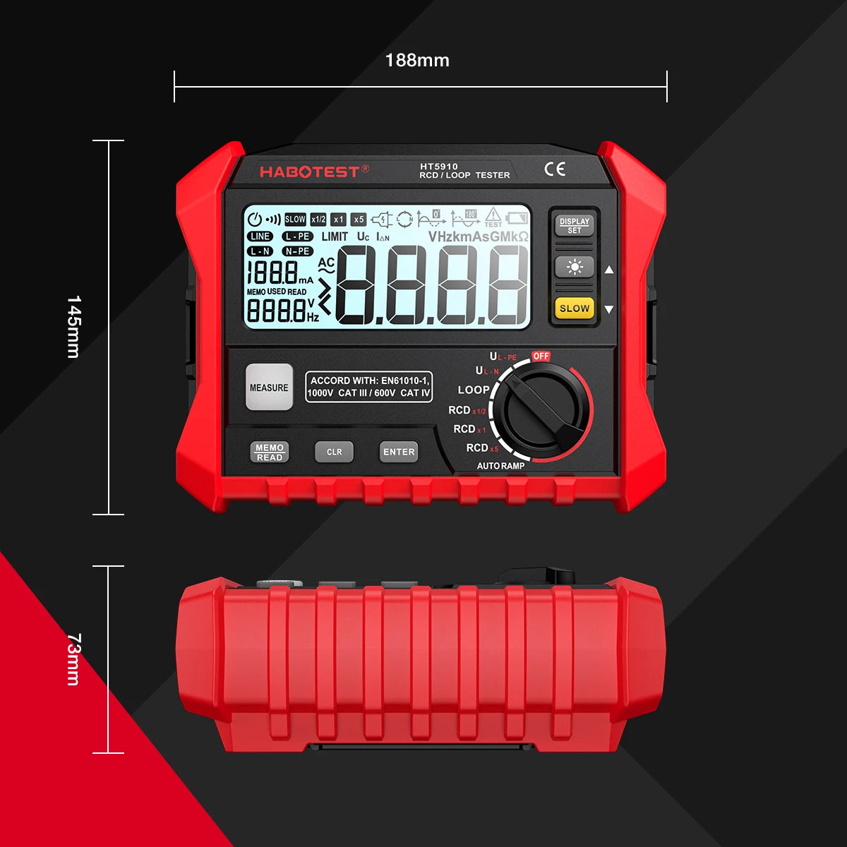 Habotest ht5910 testador de interruptor de vazamento lcd medidor de resistência digital rcd/loop tester 1000 armazenamento de dados voltímetro megôhmetro
