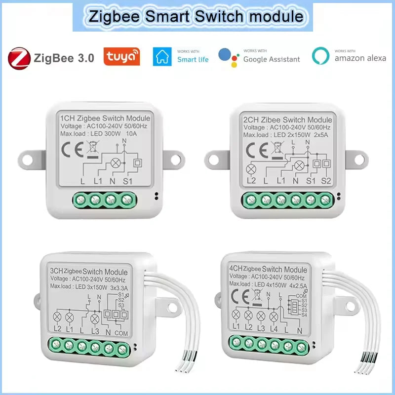 1/2/3/4CH Tuya Zigbee Smart Switch Module 10A Remote Control Switch Neutral Live Timer Breaker Module Works With Alexa Google