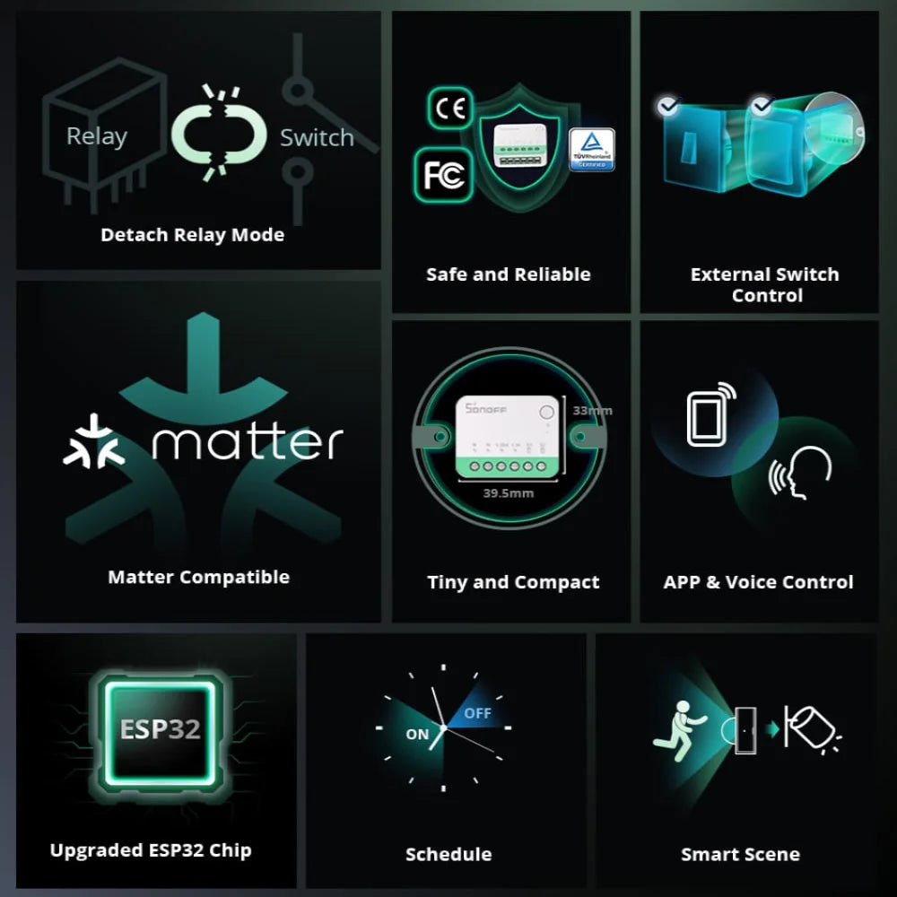 Interruttore luce smart Sonoff Mini R4 Matter WiFi, relè Sonoff Mini R4 Extreme Matter compatibile con Alexa, Google Home e HomeKit.