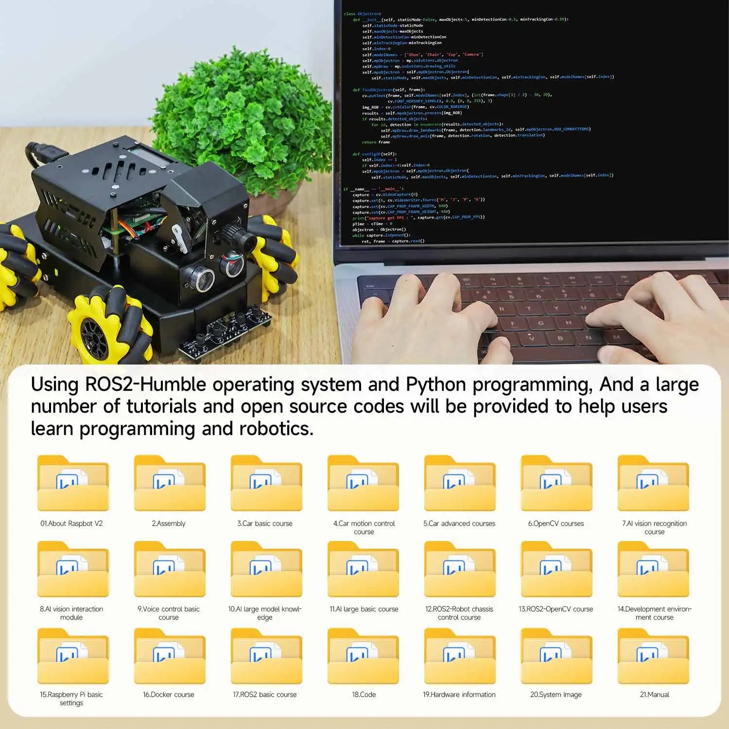 Yahboom 4WD Raspbot V2 AI Large Model Robot Kit for Raspberry Pi 5 Beginners Educational Project ROS2-Humble Python Programming