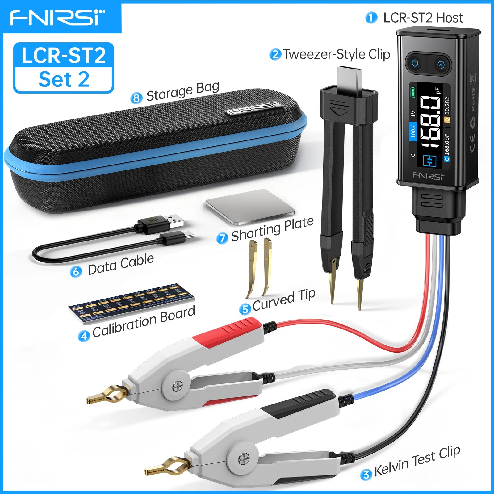 FNIRSI LCR-ST2 2-in-1 Digital Tweezer Bridge LCR ESR Meter SMD Test Kelvin Clip Electronic Component Multifunctional Tester Tool