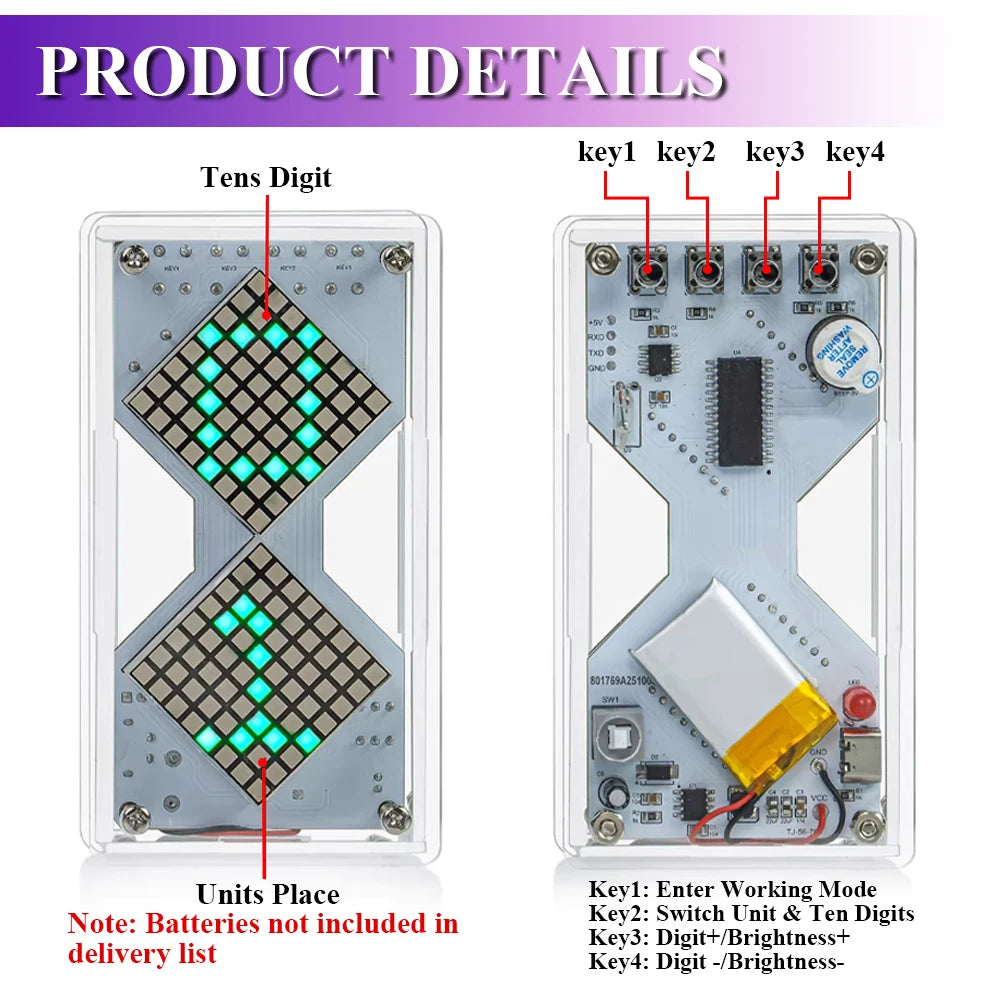 DIY Electronic Kit LED Dot Matrix Component Hourglass Gravity-Sensing Timer PCB Soldering Practice Kit Dual Power Supply DC5V