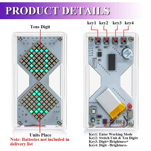 DIY Electronic Kit LED Dot Matrix Component Hourglass Gravity-Sensing Timer PCB Soldering Practice Kit Dual Power Supply DC5V