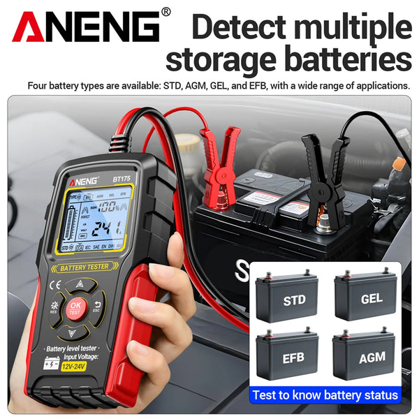 ANENG BT175 12V 24V Car Battery Tester Digital Alternator Automotive Analyzer Display Screen With Insulated Alligator Clip Tools