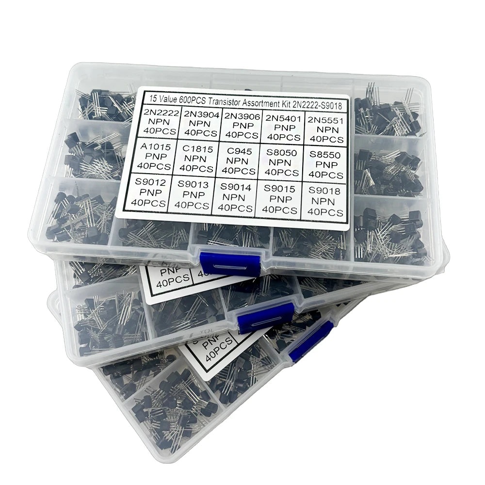 600pcs Transistor Kit  A1015 C1815 C945 S8050 S8850 2N2222 2N3904 2N3906 2N5401 2N5551 PNP NPN S9012-S9015 S9018 15 Kinds