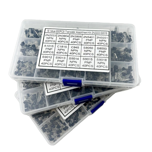 600pcs Transistor Kit  A1015 C1815 C945 S8050 S8850 2N2222 2N3904 2N3906 2N5401 2N5551 PNP NPN S9012-S9015 S9018 15 Kinds