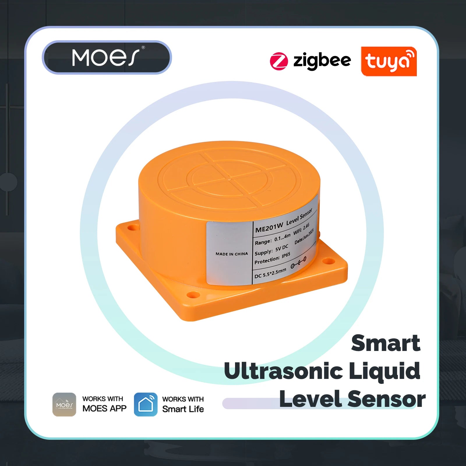 MOES Tuya WiFi/ZigBee Smart Water Level Sensor with APP Alarm Alert, Ultrasonic Tank Monitor, Remote Dete product image