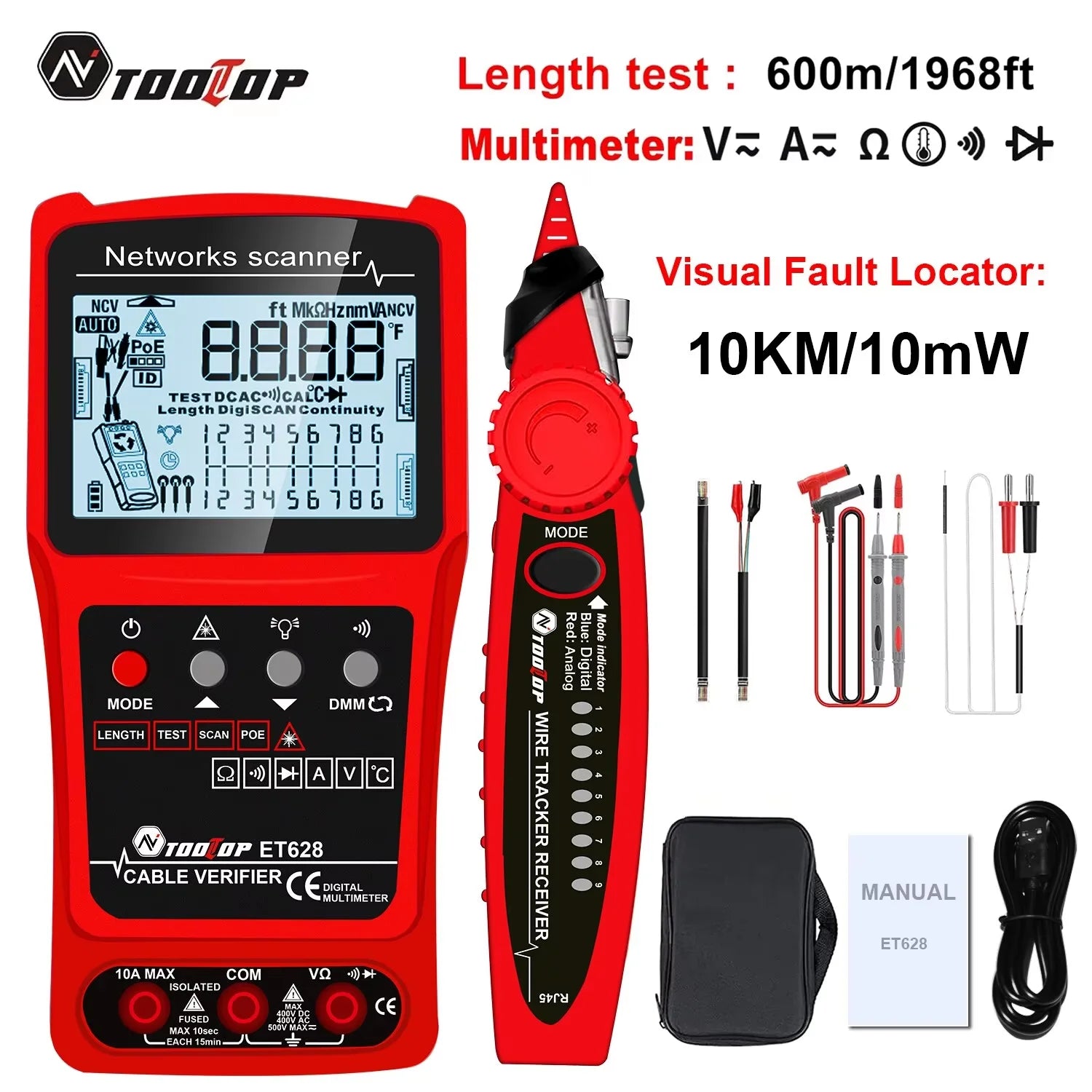 TOOLTOP 3 in 1 LAN Cable Tester Visual Fault Locator Multimeter 600M Length Measure Cable Mapping POE Rj45 Network Cable Tracker