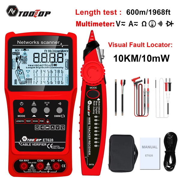 TOOLTOP 3 in 1 LAN Cable Tester Visual Fault Locator Multimeter 600M Length Measure Cable Mapping POE Rj45 Network Cable Tracker
