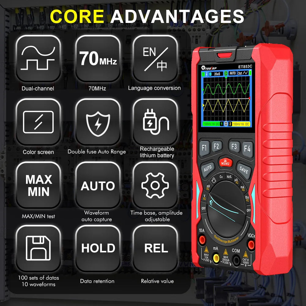 TOOLTOP ET853C 70Mhz 2CH Portable Digital Oscilloscope 20000 Counts Digital Multimeter Signal Generator 3in1 Car Repair Tools