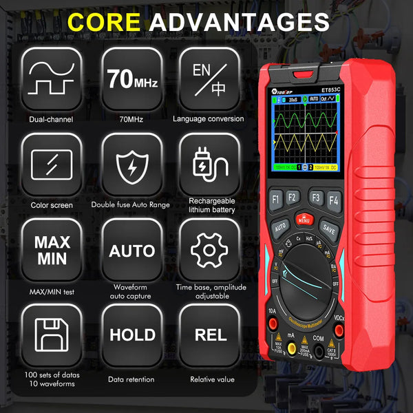 TOOLTOP ET853C 70Mhz 2CH Portable Digital Oscilloscope 20000 Counts Digital Multimeter Signal Generator 3in1 Car Repair Tools