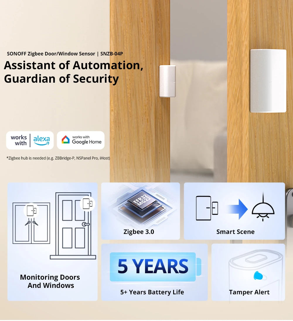 Anti-Theft Alarm Zigbee Door and Window Sensor SONOFF SNZB-04P Notification Local Scene Alexa Home Security Zigbee Hub Needed