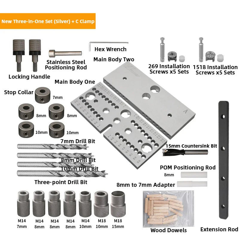 WNew Woodworking Drilling Locator  3 In 1 Aluminum Tenon Hole Puncher Hardware Tools Set Of  Drills Carpentry Drill Accessories