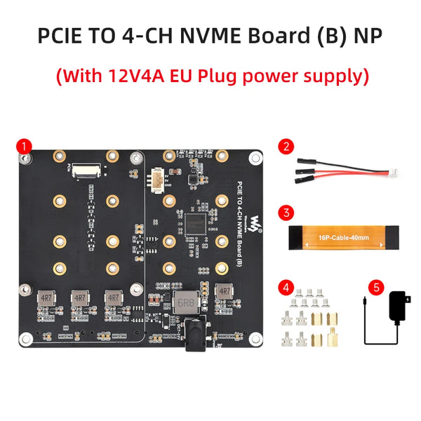 Raspberry Pi 5  PCIe To 4-Ch M.2 Adapter Board 4 x NVMe Solid State Drives support Supply Power for Raspberry Pi 5