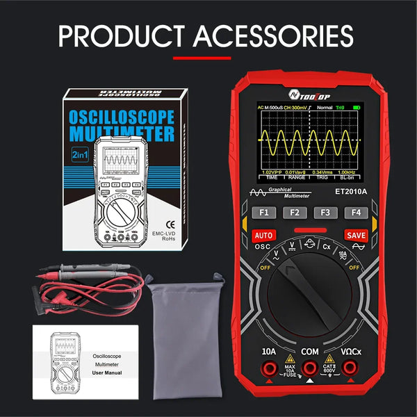 TOOLTOP ET2010A 1MHz Portable Digital Oscilloscope 2.5Msps Auto True RMS Multimeter AC 10A 600V High Voltage Tester