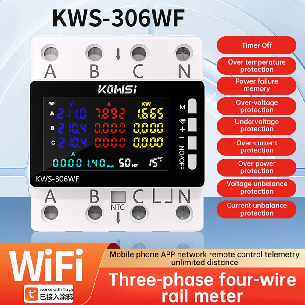 KWS-306 Voltmeter Ammeter Power Meter AC 85-290V 80A 3-phase 4-wire DIN-Rail Meter Power Failure Protection Function