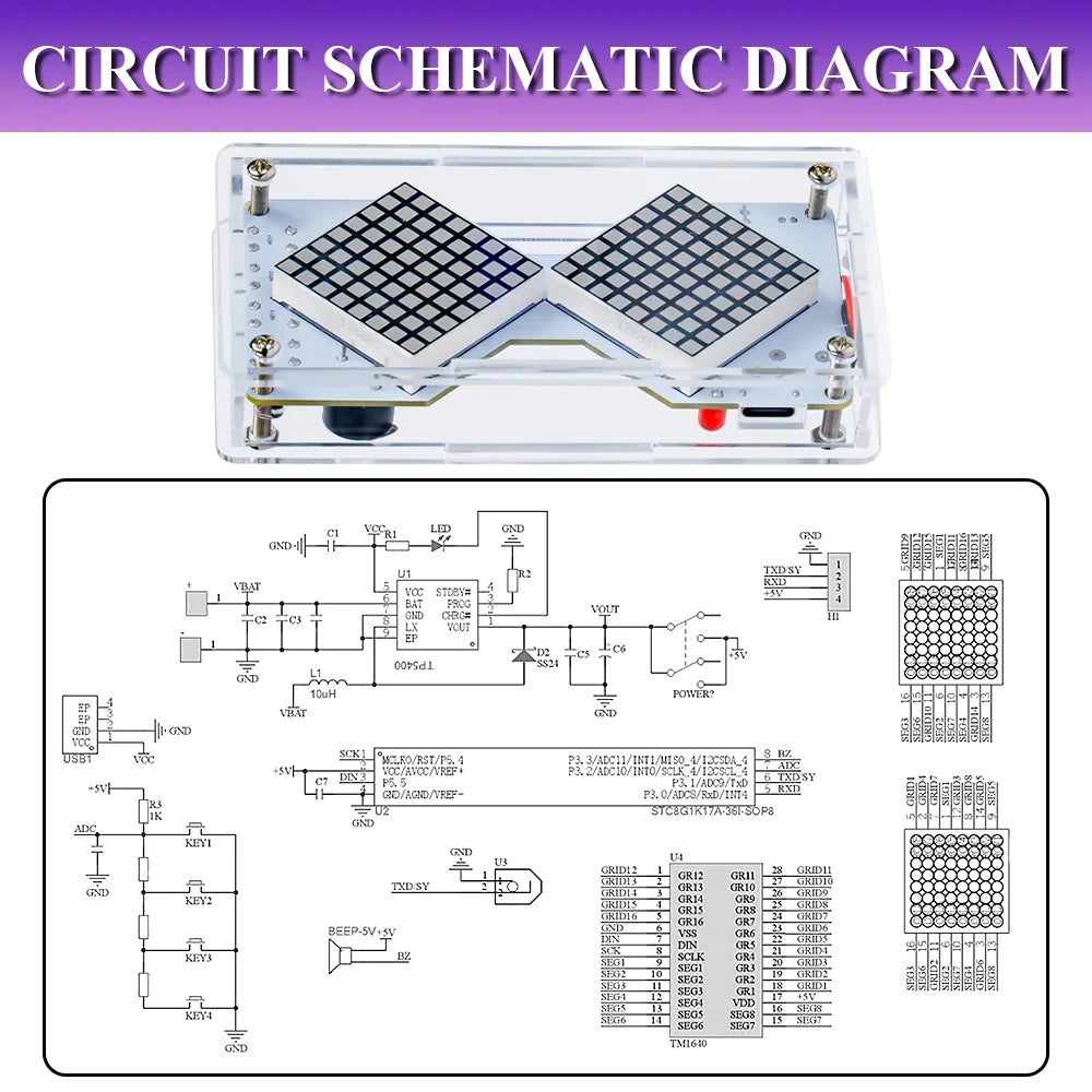 DIY Electronic Kit LED Dot Matrix Component Hourglass Gravity-Sensing Timer PCB Soldering Practice Kit Dual Power Supply DC5V