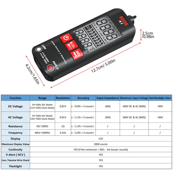 BSIDE A1 2000 Counts Multimeter LCD Digital Tester Voltage Detector DC/AC Voltage Frequency Resistance NCV True RMS Meter