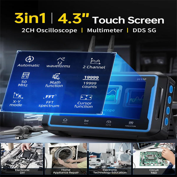 FNIRSI 2C53P Digital Oscilloscope 3in1 Touch Screen Multimeter Signal Source 2 Channel 50MHz 250Ms/S 19999 Counts