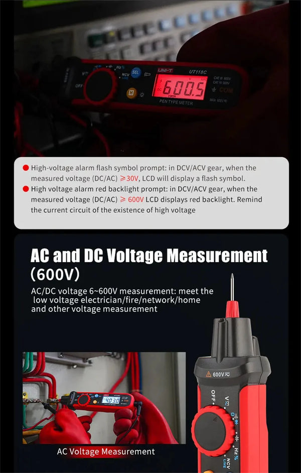 UNI-T UT118C digitális multiméter toll, 6000 típusú számlál érintésmentes AC/DC feszültségellenállás dióda folytonosság-ellenőrző eszközzel