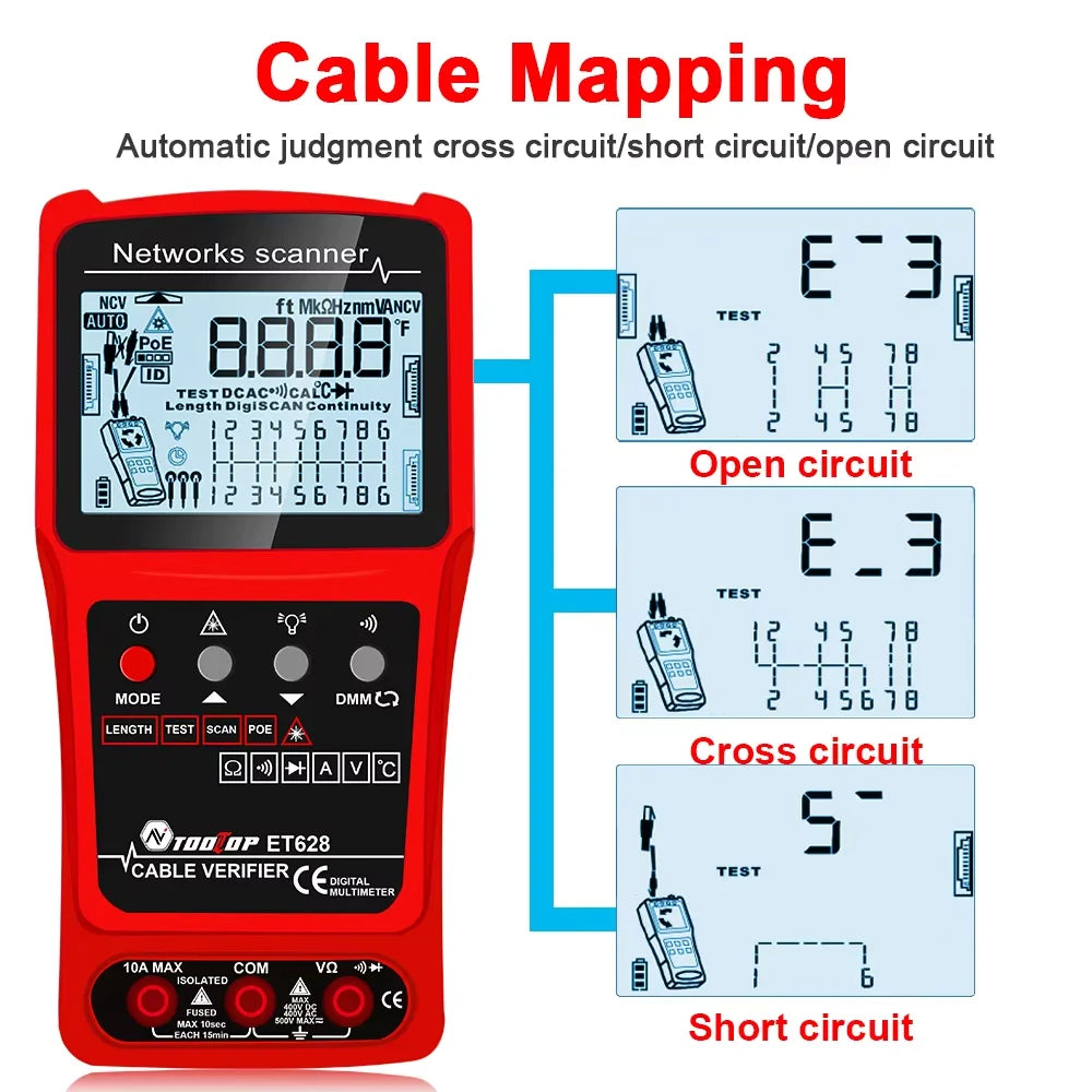 TOOLTOP 3 in 1 LAN Cable Tester Visual Fault Locator Multimeter 600M Length Measure Cable Mapping POE Rj45 Network Cable Tracker