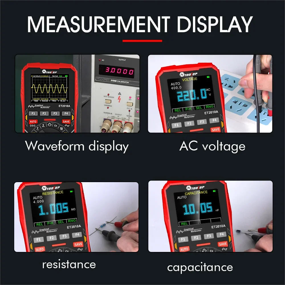 TOOLTOP ET2010A 1MHz Portable Digital Oscilloscope 2.5Msps Auto True RMS Multimeter AC 10A 600V High Voltage Tester
