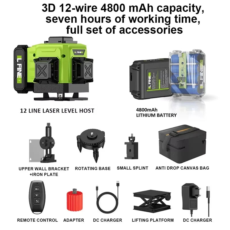 LFINE 3D/4D lézerszint 12/16 soros vízszintes és függőleges távirányítóval 8 soros 360°-os önszintező lézerszint