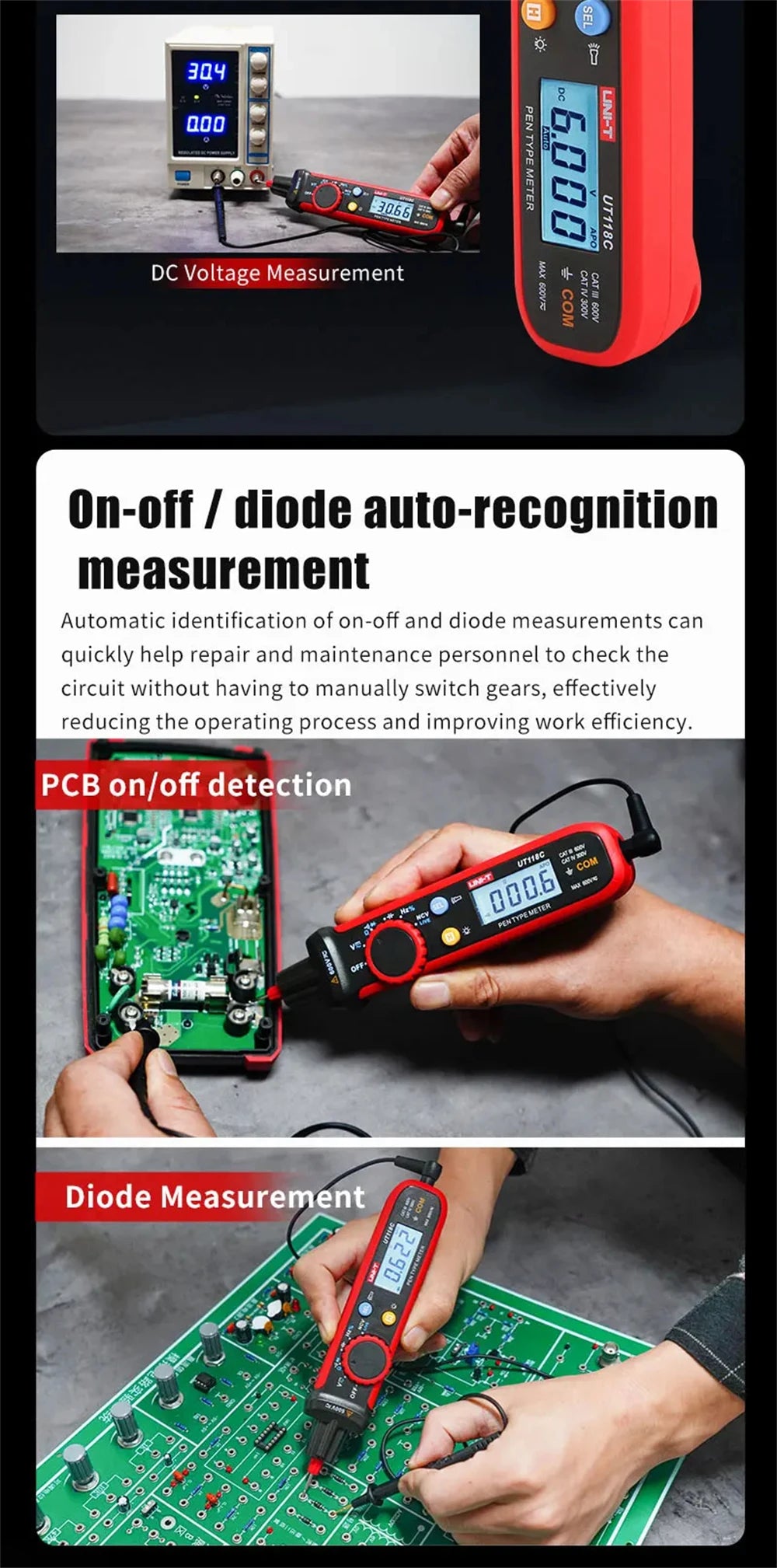 UNI-T UT118C digitális multiméter toll, 6000 típusú számlál érintésmentes AC/DC feszültségellenállás dióda folytonosság-ellenőrző eszközzel