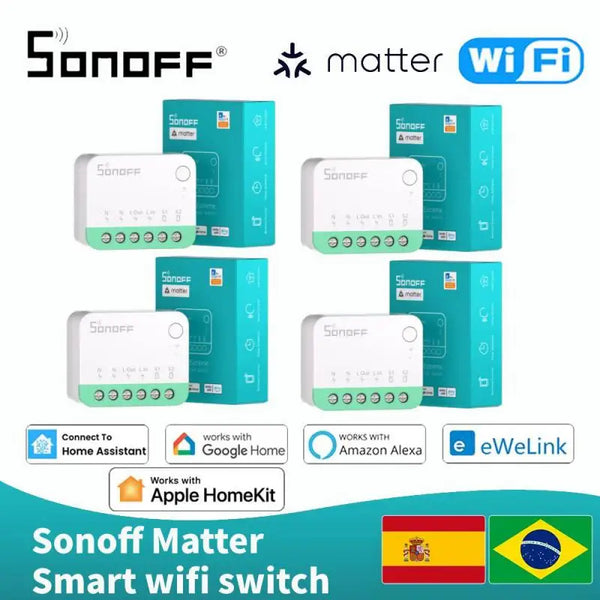 Interruttore luce smart Sonoff Mini R4 Matter WiFi, relè Sonoff Mini R4 Extreme Matter compatibile con Alexa, Google Home e HomeKit.