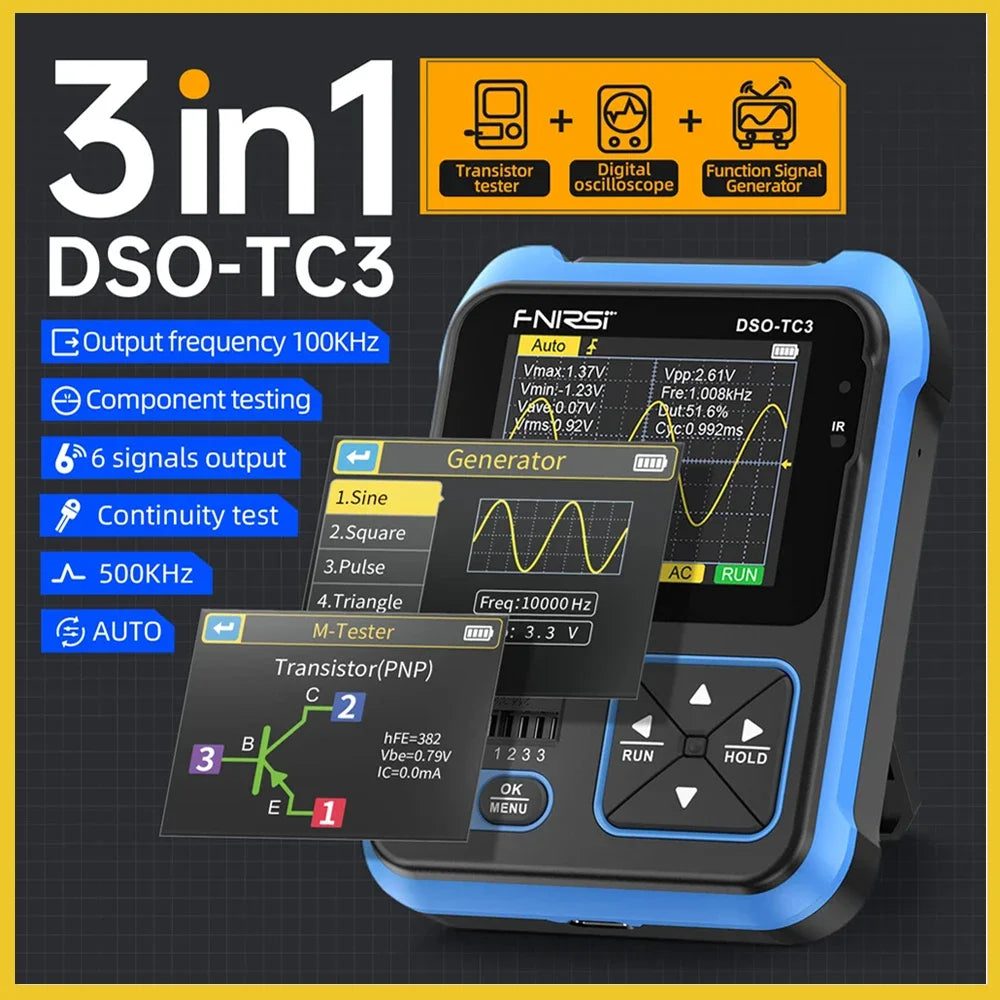 FNIRSI DSO-TC3  Digital Oscilloscope Mini Transistor Tester Tool 500KHz 10MS/s Signal Generator Source 3in1 Electronic Tester