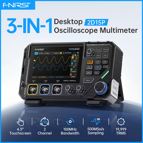 FNIRSI 2D15P Digital Oscilloscope Multimeter Signal Generator 3IN1 Touch Screen 2Channel 100MHz Bandwidth 500MSa/s 20000 Counts
