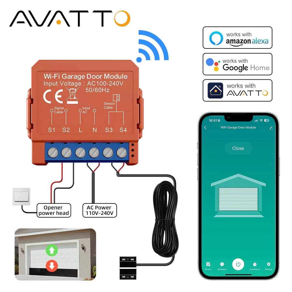 AVATTO Tuya WiFi Garage Door Opener Smart App Remote Voice Control Gate Door Switch module Works with Alexa Google Home Alice