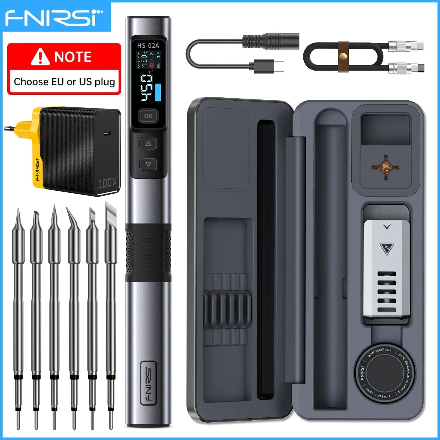 FNIRSI HS-02 Adjustable Temperature Soldering Iron DC 20V 100-450℃ Welding Solder Rework Station PD 100W Portable Repair Tool