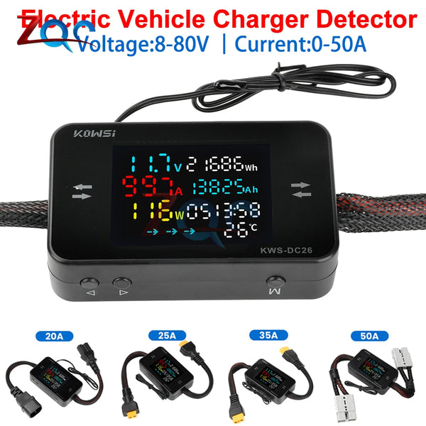 KWS-DC26 Digital Voltmeter Ammeter DC8-80V Power Energy Meter Color Screen Electric Vehicle Battery Charging Detector 0-50A