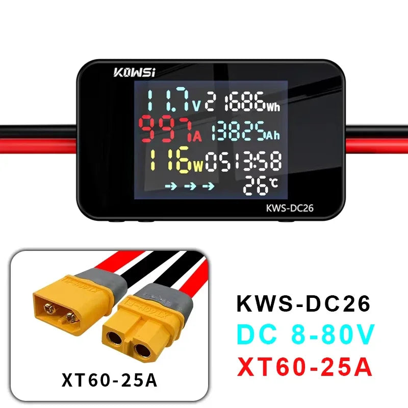 Battery Charging Tester Voltmeter Ammeter DC8-80V Voltage Current Power Test XT60 XT90 Interface For Electric Vehicle Motorcycle