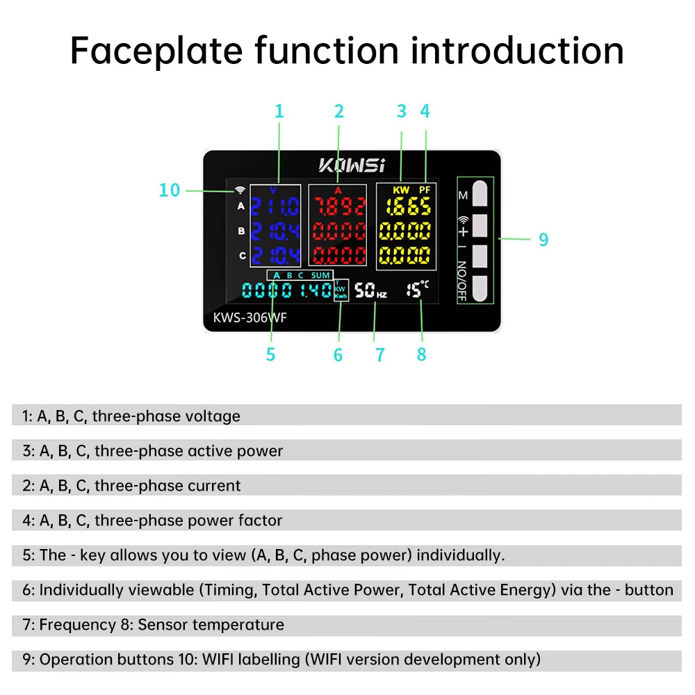 KWS-306 Voltmeter Ammeter Power Meter AC 85-290V 80A 3-phase 4-wire DIN-Rail Meter Power Failure Protection Function