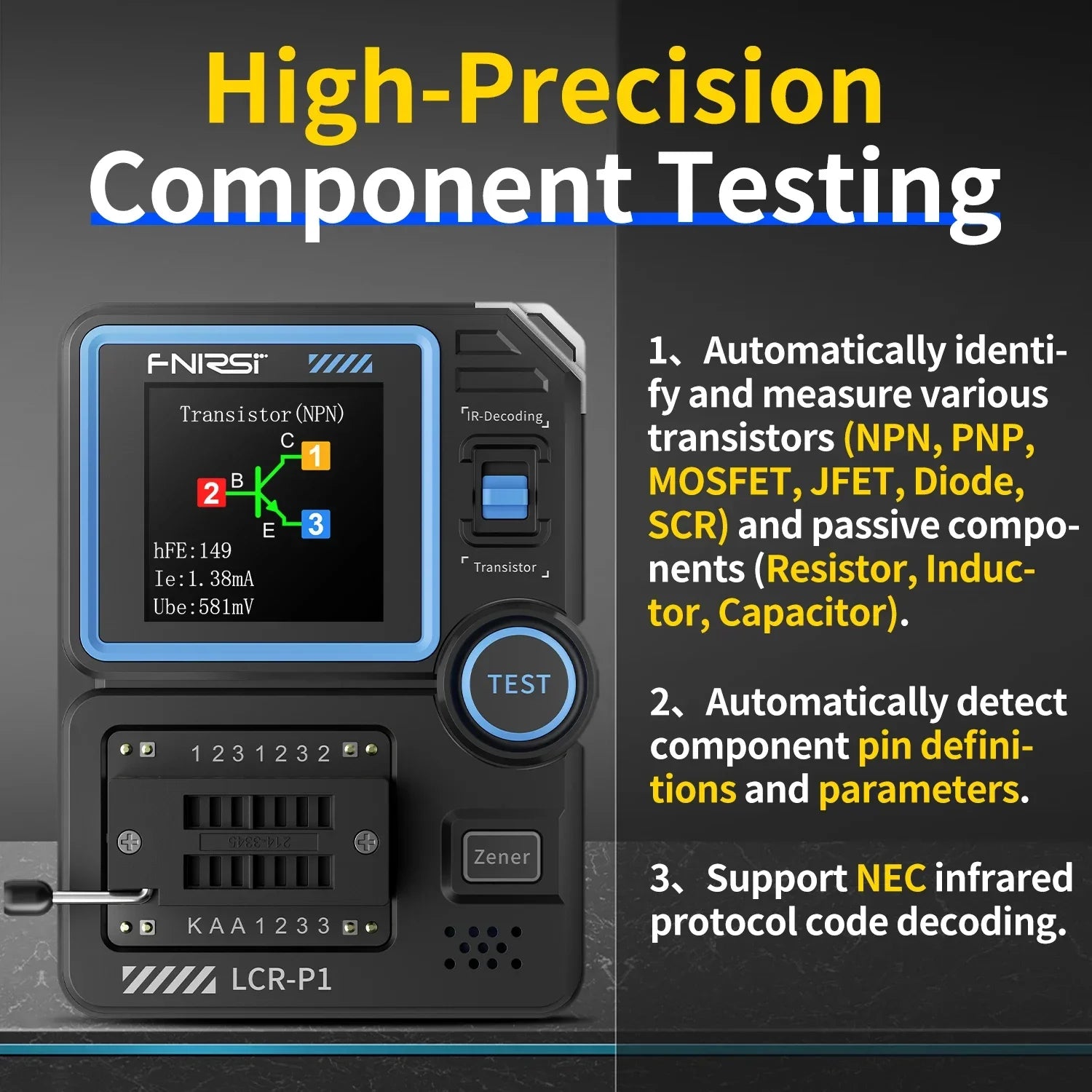 FNIRSI LCR-P1  Multifunction Transistor Tester Capacitance  Resistance Transistor Diode Triode ESR LCR PNP NPN  SMD Test Meter