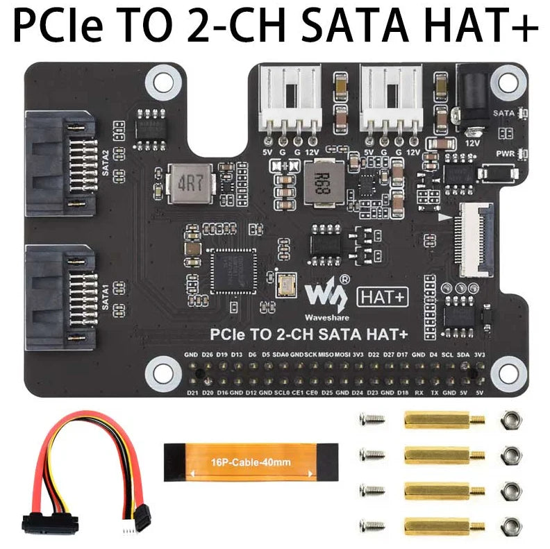 Raspberry Pi 5 PCIe to SATA Expansion Board with EEPROM HAT+ Waveshare PCIe TO 2-CH SATA HAT+