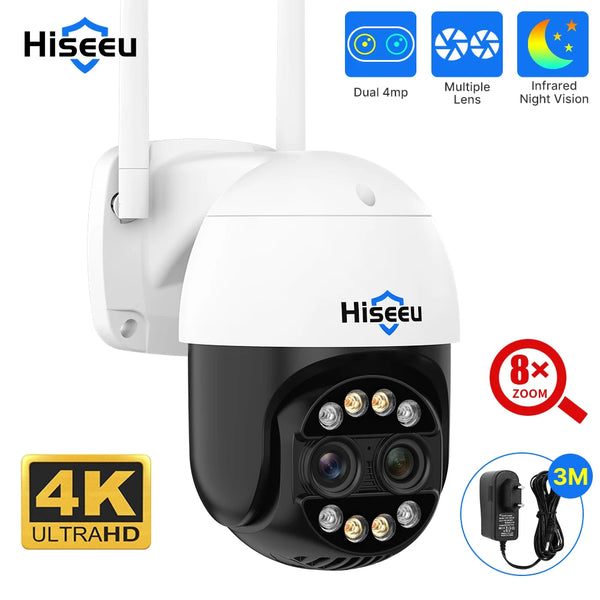 Hiseeu 4K 8MP Wifi PTZ Dual lens Camera Two-way voice AI Tracking Video Wireless Ip Surveillance Security Cameras
