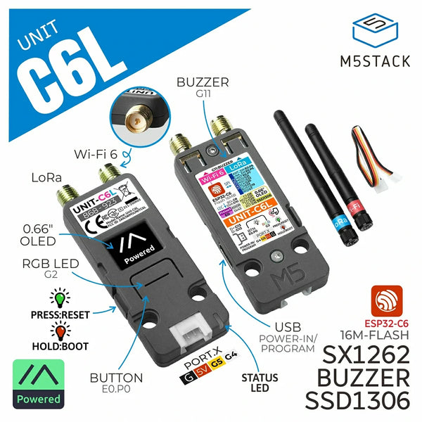 M5Stack Unit C6L LoRa Communication Unit ESP32-C6 Wi-Fi 6 & SX1262 868-923MHz Supports Meshtastic with OLED for IoT