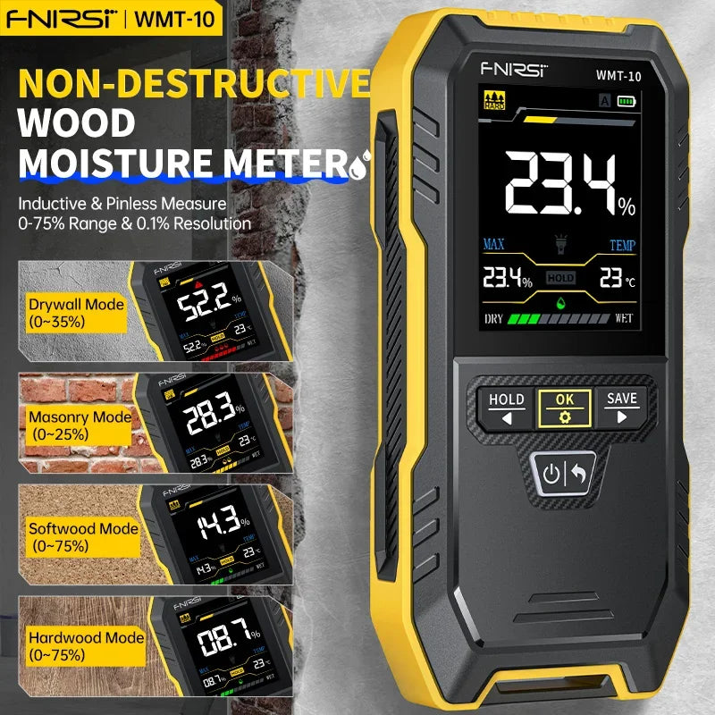 FNIRSI WMT-10 Inductive Wood Moisture Meter Non-destructive Humidity Test Tool Hygromete Non-contact Timber Damp Wall Detector