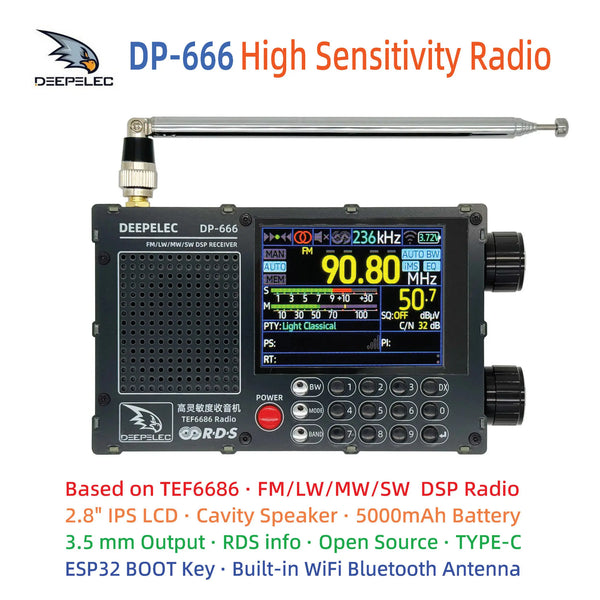 DP-666 TEF6686 Radio High Sensitivity Full Band FM AM LW MW SW Shortwave ESP32 RDS 2.8 inch IPS LCD DEEPELEC