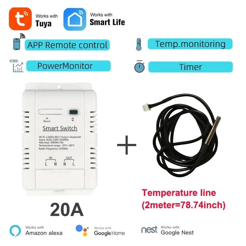 Tuya Wifi 16A/20A Smart Temperature Humidity Switch Power Monitor RF Remote with Thermostat Probe Sensor for Fish Tank Wareh