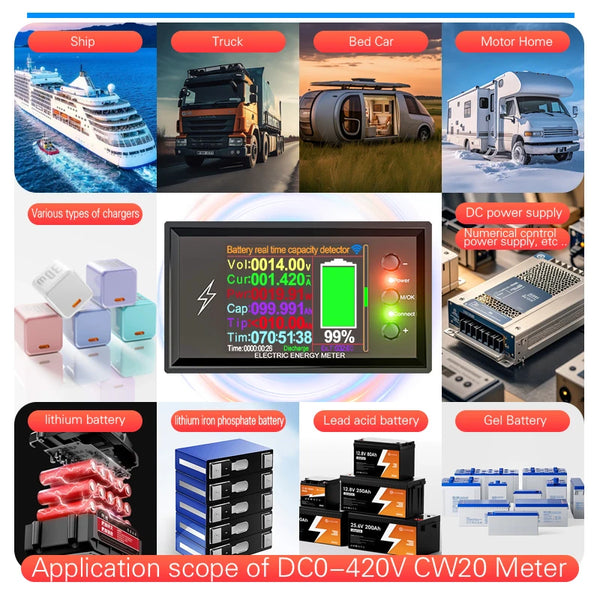 CW20 DC0-420V WiFi Tuya Smart Digital Lithium Battery Capacity Detection Tester DC Display  Voltage Current Power Coulomb Meter