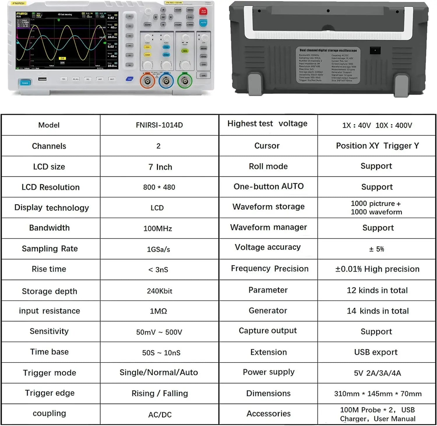 FNIRSI 1014D Oscilloscope 2 in 1 Digital Oscilloscope DDS Signal Generator Tool 100MHz*2 Analog Bandwidth 1GSa/s Sampling Rate