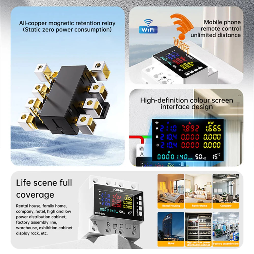 KWS-306 Voltmeter Ammeter Power Meter AC 85-290V 80A 3-phase 4-wire DIN-Rail Meter Power Failure Protection Function