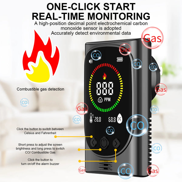 GC600 4-in-1 Plug-in Carbon Monoxide Detector Combustible Gas Alarm Temperature Humidity Sensor High Precision CO Gas Monitor