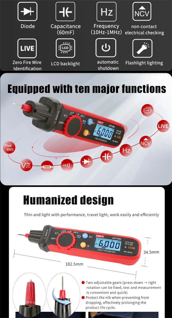 UNI-T UT118C digitális multiméter toll, 6000 típusú számlál érintésmentes AC/DC feszültségellenállás dióda folytonosság-ellenőrző eszközzel